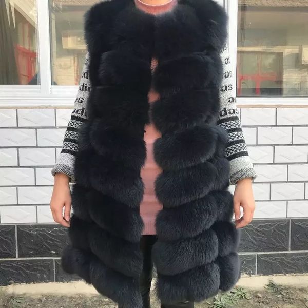 

90cm natural real fox fur vest new winter long thick women genuine fur vest jacket pockets real fur vest coats for womenx1019, Black