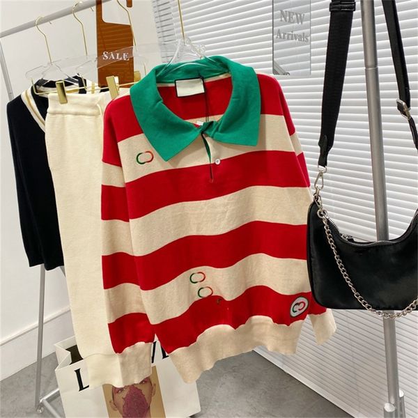 

autumn winter new red and green stripe knitted polo shirt women's long sleeve pullover sweater category clothing outlet, Black