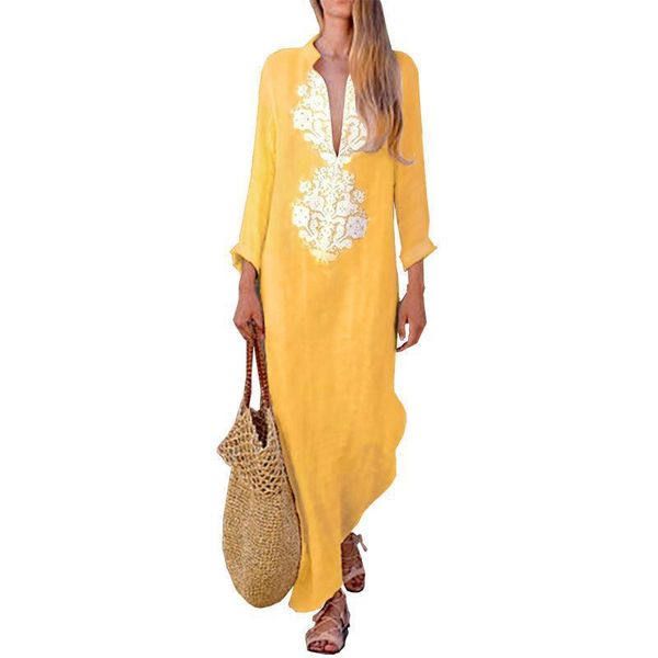 

casual dresses style bohemian v-neck long sleeve dress cotton linen women's spring/summer spot, Black;gray
