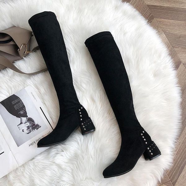 

boots 2021 winter fashion women warm fur over the knee stretch fabric thigh high long block heels rivets shoes, Black