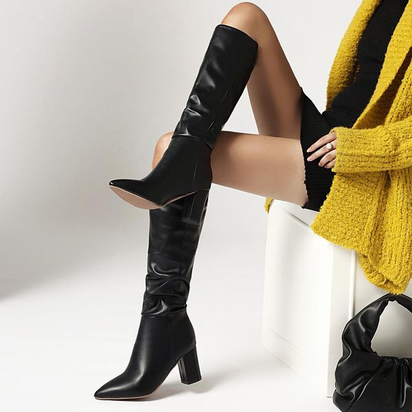

boots brand women sqaure high heel knee faux leather pointed toe autumn winter long black blue 34-43