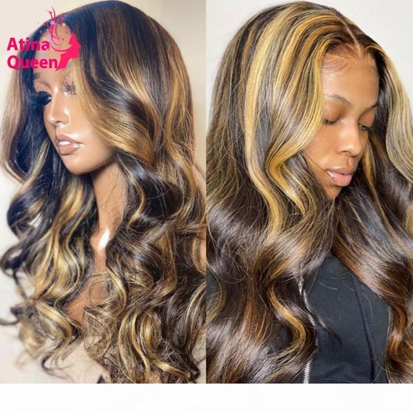 

preplucked with babyhair transparent lace wig hd highlight wig human hair black women ombre colored honey blonde remy half, Black;brown