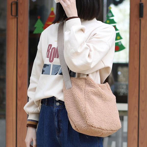 

2pcs/set lamb korean autumn winter simple single shoulder bag for women fashion ins plush crossbody messenger bag female handbag
