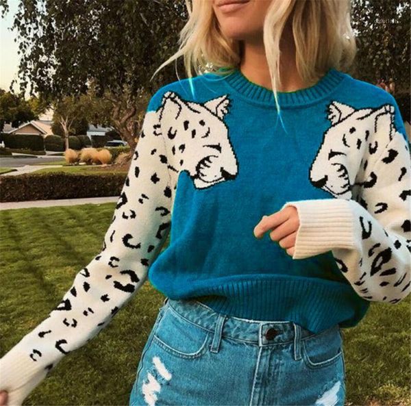 

ladies printed leopard warm knit sweater women fashion animal print o-neck long sleeve loose pullover sweaters 1, White;black
