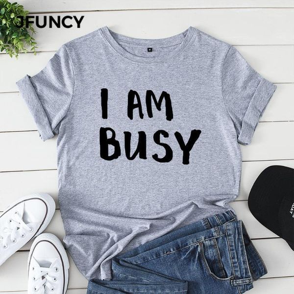 

jfuncy plus size 100% cotton summer tshirt i am busy letter printed women t-shirt short sleeve woman tee female t shirt1, White