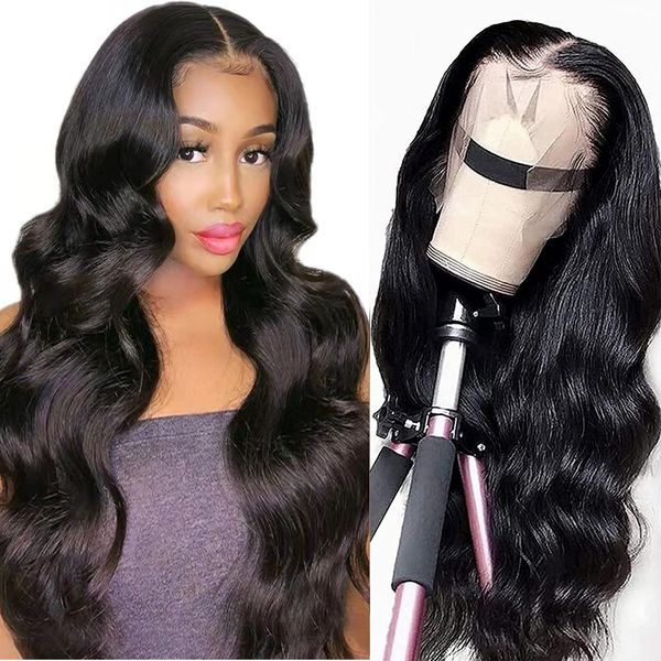 

lx brand body wave frontal wig transparent lace front human hair wigs for women raw brazilian wavy 13x1 wide middle t part lace front wigfac, Black