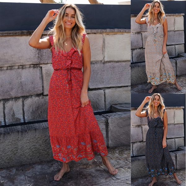 

afezx весна лето талия a81bz красного нового длинные высокой 2020 слинг slingsleeveless напечатанной открытой задней подвески платья для жен, Black;gray