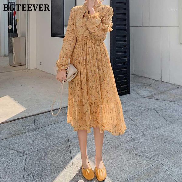 

bgteever women spring o-neck lace-up floral print chiffon dress long sleeve elastic waist female pleated dress vestidos 20201, Black;gray