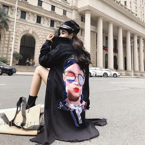 

women's jackets autumn boyfriend style print women casual loose black vintage hole burr denim jacket long sleeve coat, Black;brown