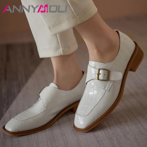 

dress shoes annymoli women med heels natural genuine leather block heel pumps buckle round toe ladies footwear spring white 40, Black
