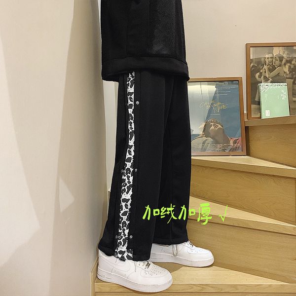 

autumn and winter breasted men's korean plus veet fashion brand loose straight sports wide leg leisure pants, Black