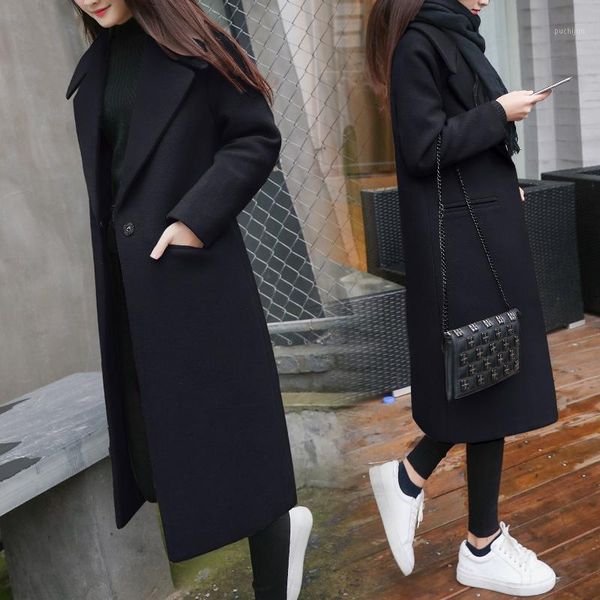 

new autumn women's over the knee wool coat coat korean version of the long section loose thin section lapels jacket female wild1, Black
