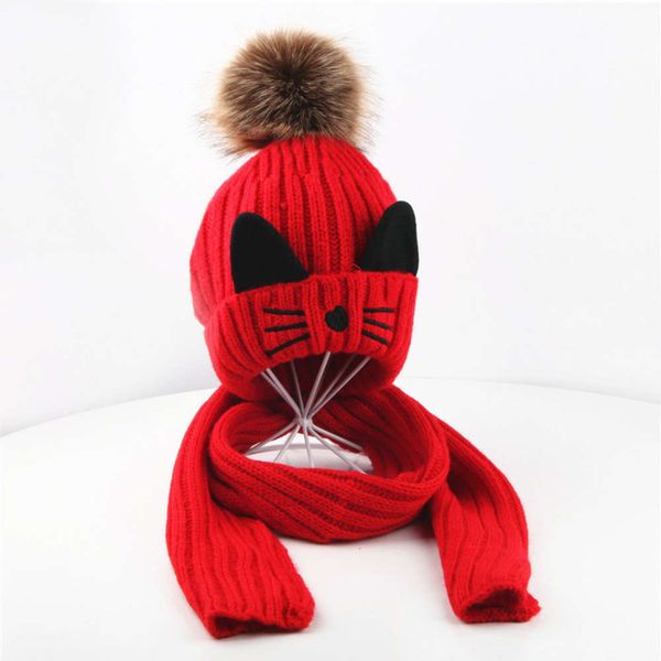

children's autumn and winter warm plush with collar 1-4 year old baby scarf baotou hat cartoon cat, Red;brown