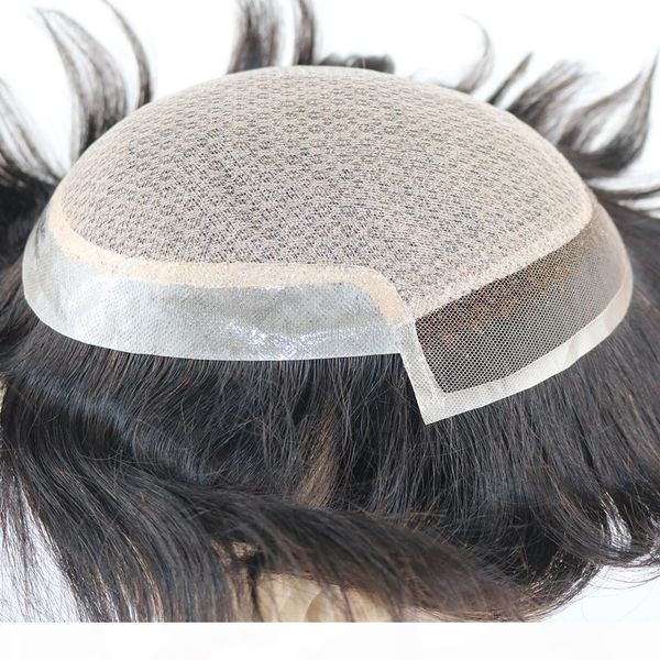 

100% handmade mens toupee silk base with swiss lace in front & thin skin at back men remy hair systems repalcment, Black