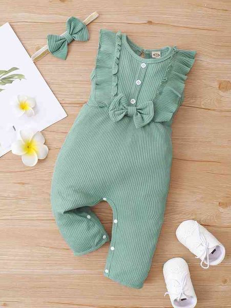 

baby ruffle trim fake button bow front jumpsuit & headband she, Blue