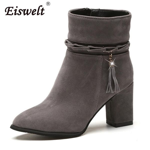 

boots eiswelt women 2021 fashion fringe short winter flock high heels shoes women's zip ankle boots#zqs246, Black