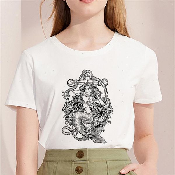 

new summer 2021 t shirt femme mermaid print harajuku t shirt women fashion o neck short sleeve white female clothing