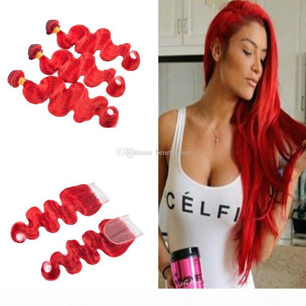 

bright red color hair extensions with part lace closure pieces body wave red hair weft with closure 3bundles with 4x4 closure, Black