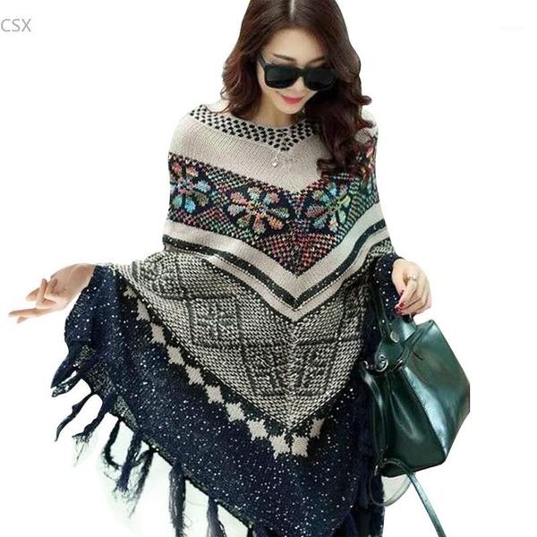 

european women pullover knitwear geometrical pattern sweater cloak poncho cap sweater tassel women knit drop shipping 411, Black