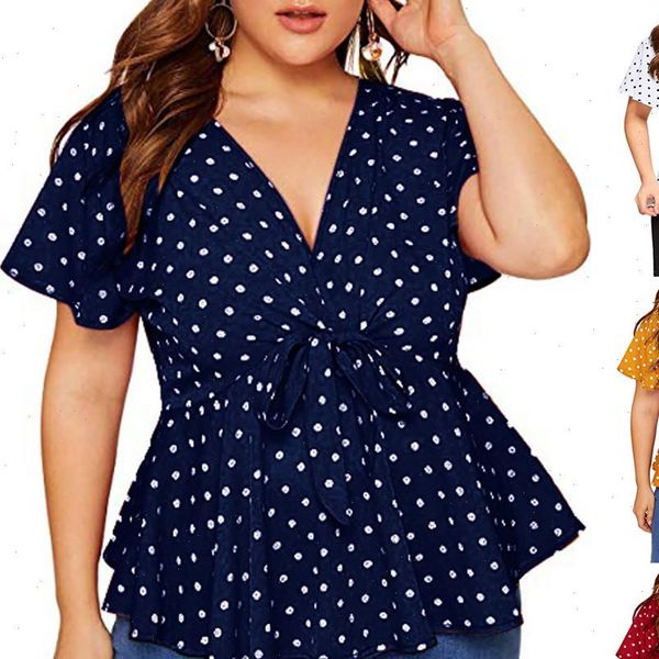 

womens large size v neck short sleeve shirt polka dot knot front womens and summer blouse roupas feminina, White