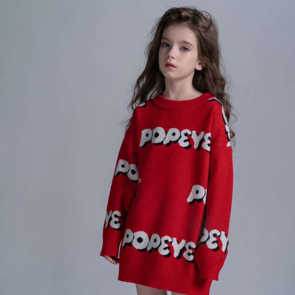 

girl's cartoon letter jacquard medium length sweater, Blue