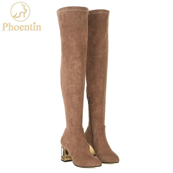 

phoentin cow suede zipper thigh high boots for women fretwork metal high heels stretch overknees shoes quality boots ft265, Black