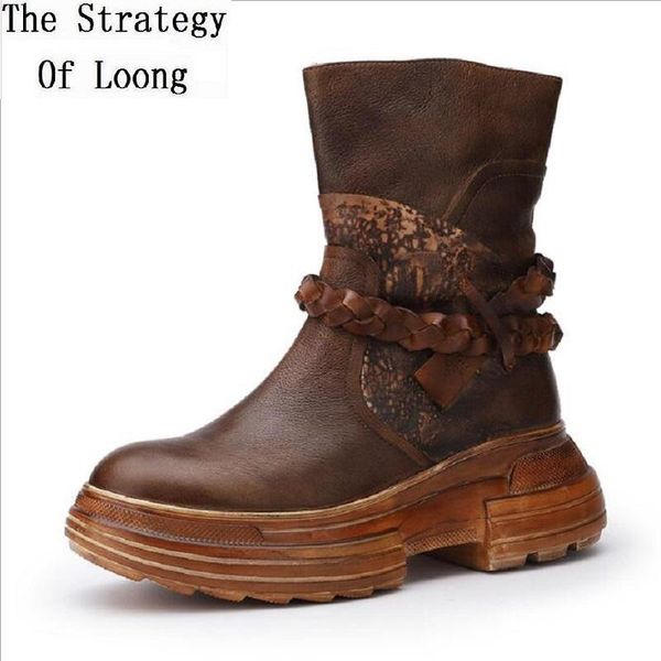 

boots women spring autumn winter retro genuine leather ankle lady platform belt decoration sewing totem zip short 191014, Black