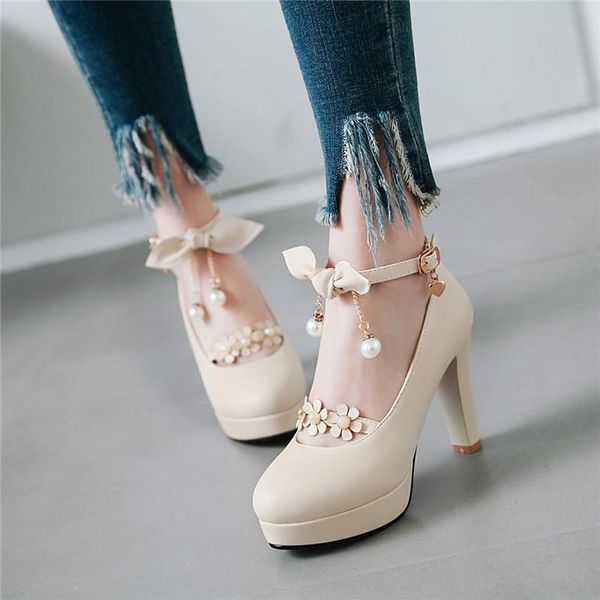 

ymechic 2021 pink white black chain bead knot ankle strap flower lolita princess platform high heels pumps party office shoes
