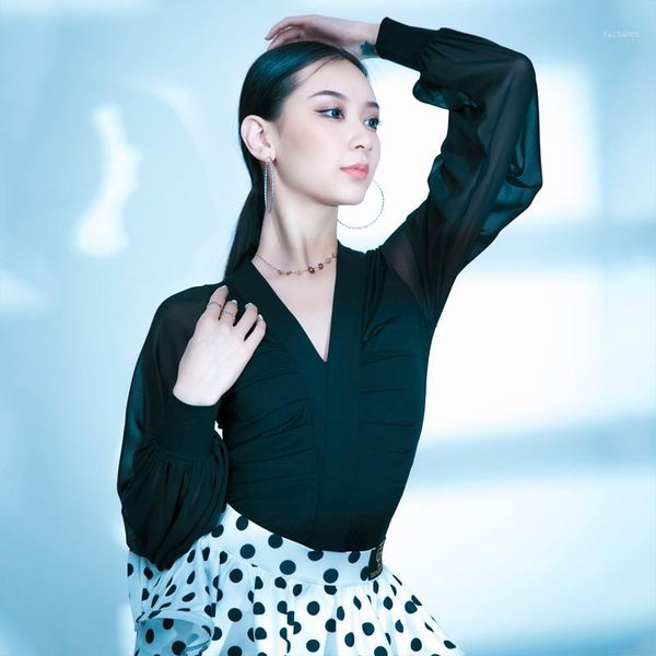 

latin dance clothes women's v-neck puff sleeves female latin practice wear rumba samba cow boy dance costume blouse bl45951, Black;red