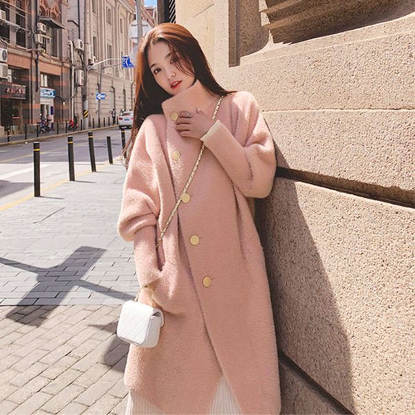 

autumn and winter 2020 new wear medium length mink like cashmere et women's korean loose lazy style knitted cardigan, White;black