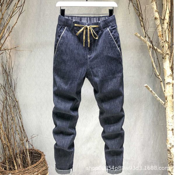 

710 autumn and winter jeans loose fitting little harlan leggings business casual men's pants luxurious pocket decorative drawstring, Blue