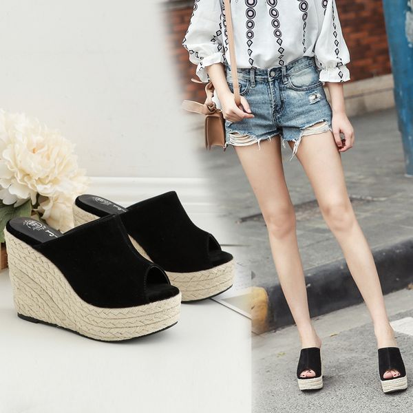 

new korean style suede high-heeled espadrilles wedge sandals and slippers, Black