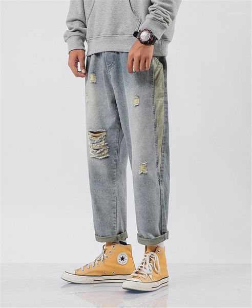 

relaxed jeans ripped distrressed fashion boys straight pants panelled washed casual male loose jeans mens designer hole, Blue