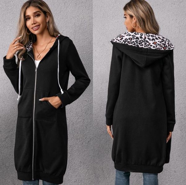 

loose casual jackets leopard print color matching mid-length hooded sweater cardigan women, Black;brown