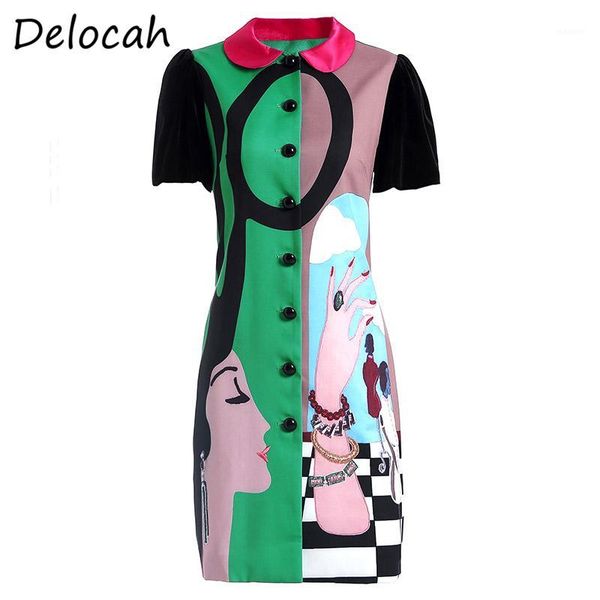 

delocah spring summer dress fashion ruwan women short sleeve simple button abstract printed elegan female mini dresses vestidos1, Black;gray