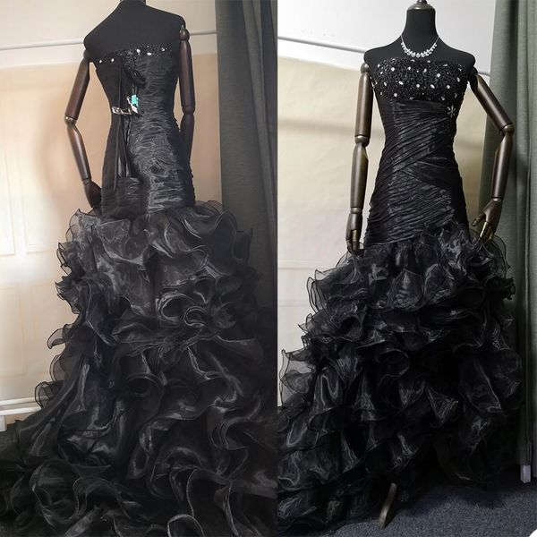 

2021 black mermaid wedding dresses beaded strapless organza ruffles custom made lace up sweep train wedding bridal gown robe de mariee, White