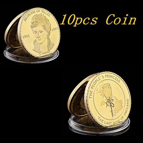 

10pcs british princess diana uk the royal princess of wales diana last rose 1oz gold plated souvenir coin collection