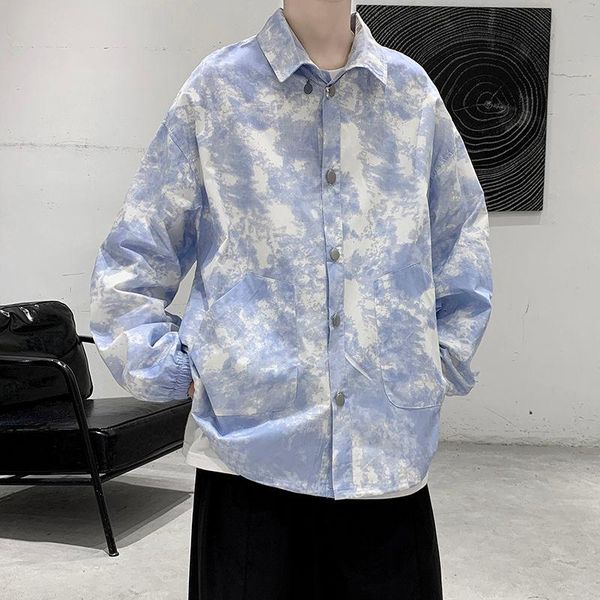 

2021 autumn new youth fashion loose basic tie-dye single-breasted jacket fashion casual all-match jacket blue/black, Black;brown