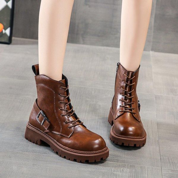 

women's leather boots flat heel boots-women winter footwear female shoes zipper round toe 2021 rock rubber ladies ankle med, Black