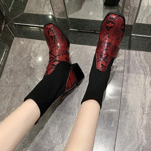 

boots cootelili 2021 winter fall women's square toe elastic thick heel 5cm heels shoes woman female socks knitting ankle, Black