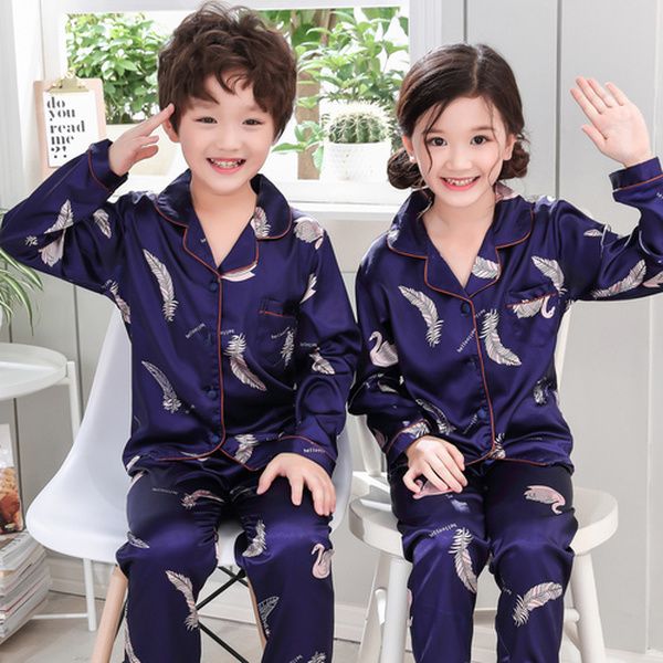 

girls pajamas 2020 autumn winter long sleeve children's sleepwear set silk pajamas set boys pyjamas sets for kids nightwear set123, Blue;red