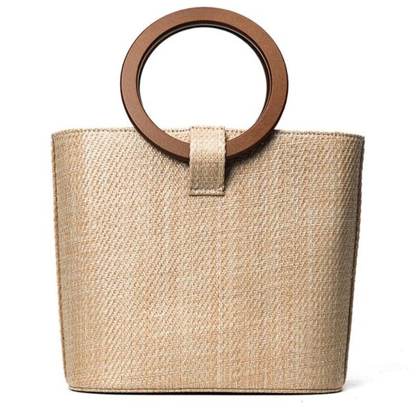 

classic women straw shoulder bag round handle wood handbag summer beach holiday casual tote crossbody messenger bag female