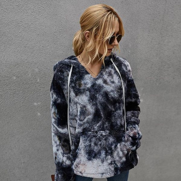 

tie-dye fluffy hooded pockets women's hoodies long sleeve drawstring thicken female pullovers autumn casual ladies sweatshirts, Black