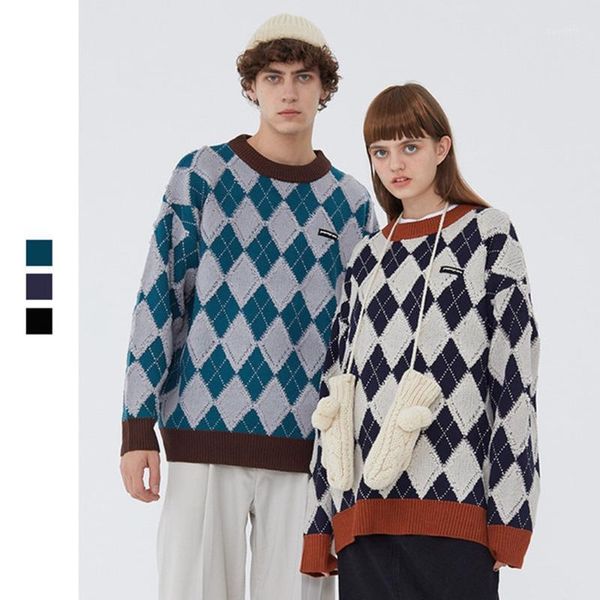 

new men plaid sweater 2020 fw warm o-neck autumn knitted sweater for couple oversized hip hop men1, White;black