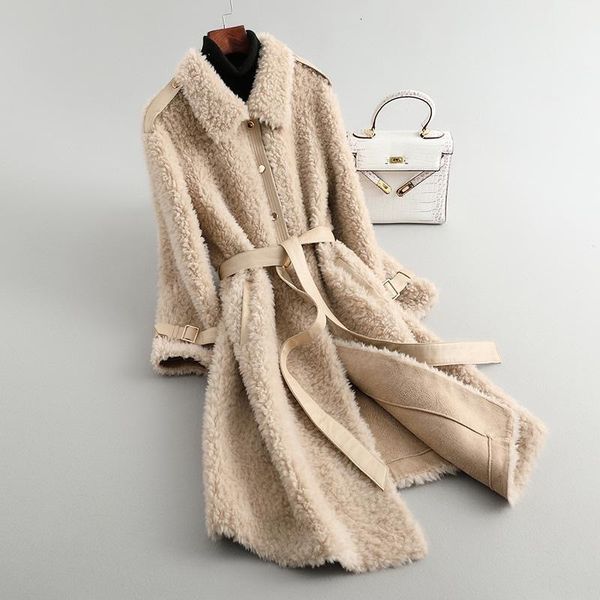 

new winter 2021 fur coat fashion belt female thick women's jacket unique woolen jackets breasted high street vssq, Black
