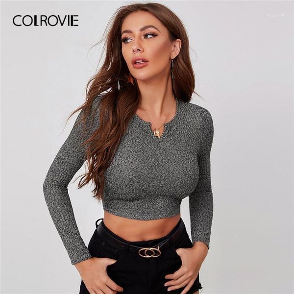 

colrovie notched neck rib-knit crop long sleeve solid women tees 2020 autumn slim fit casual t-shirts1, White