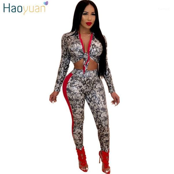 

haoyuan snake print two piece set women clothes club outfits long sleeve crop and pants 2020 new 2 piece matching sets1, White