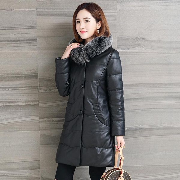 

women's leather & faux geniune jacket real sheepskin fur collar winter down coat chaquetas invierno mujer cjx7005b mf089, Black