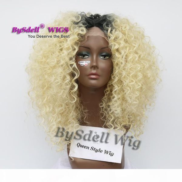 

synthetic black root blonde hair kinky crly lace front wig synthetic heat resistant hair lace front wigs for black woman