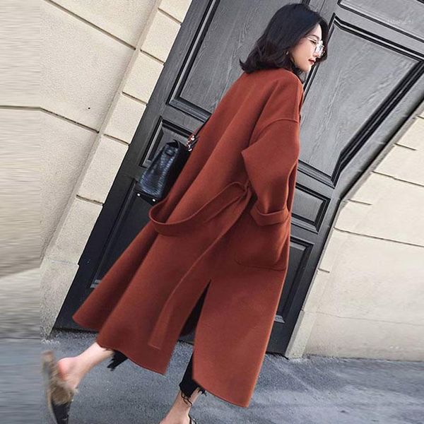 

autum winter women woolen coat thicken long sleeve medium-long turn-down collar open front parka belt coat1, Black